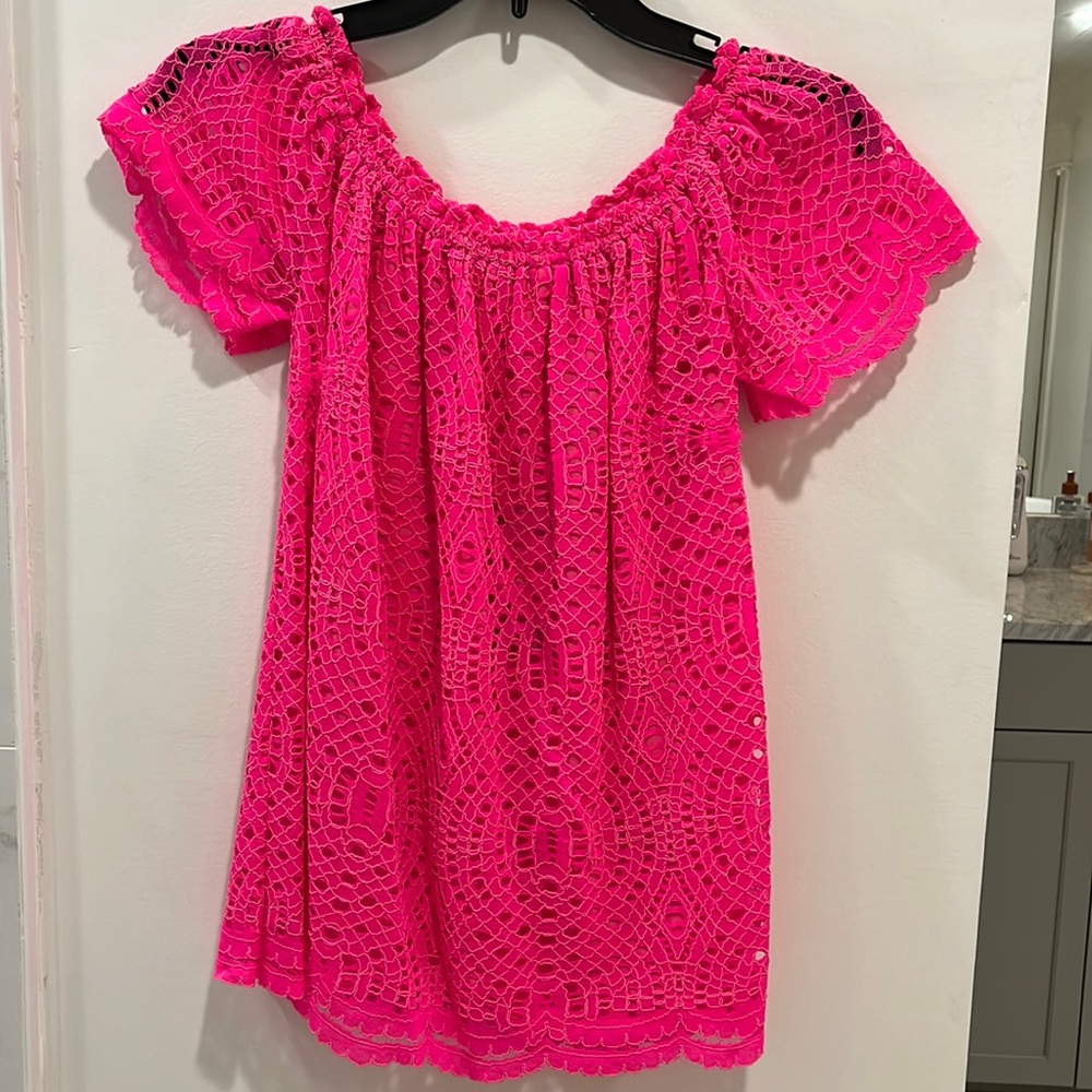 Lilly Pulitzer off-the-shoulder hot pink eyelet top